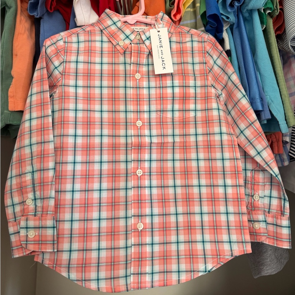 Janie and Jack NWT 3T Kids Plaid pink green white dress 100% cotton button Shirt
